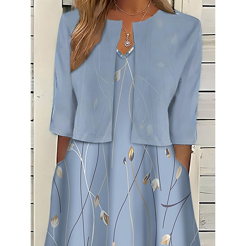 Women's Midi Dress Two Piece Dress Set Casual Dress Print Dress Outdoor Daily Fashion Elegant Pocket Print Crew Neck Half Sleeve Floral Regular Fit Pink Blue Sky Blue Summer Spring S M L XL XXL2