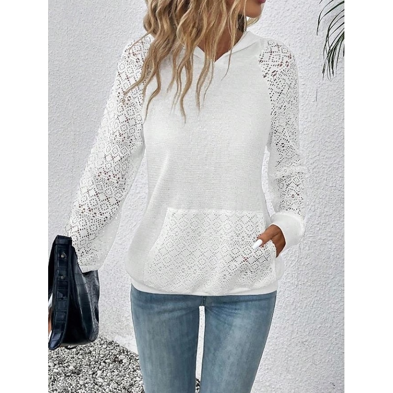 Women's Pullover Casual Plain Dailywear Sports Hooded Pocket Long Sleeve Black White Spring Fall & Winter