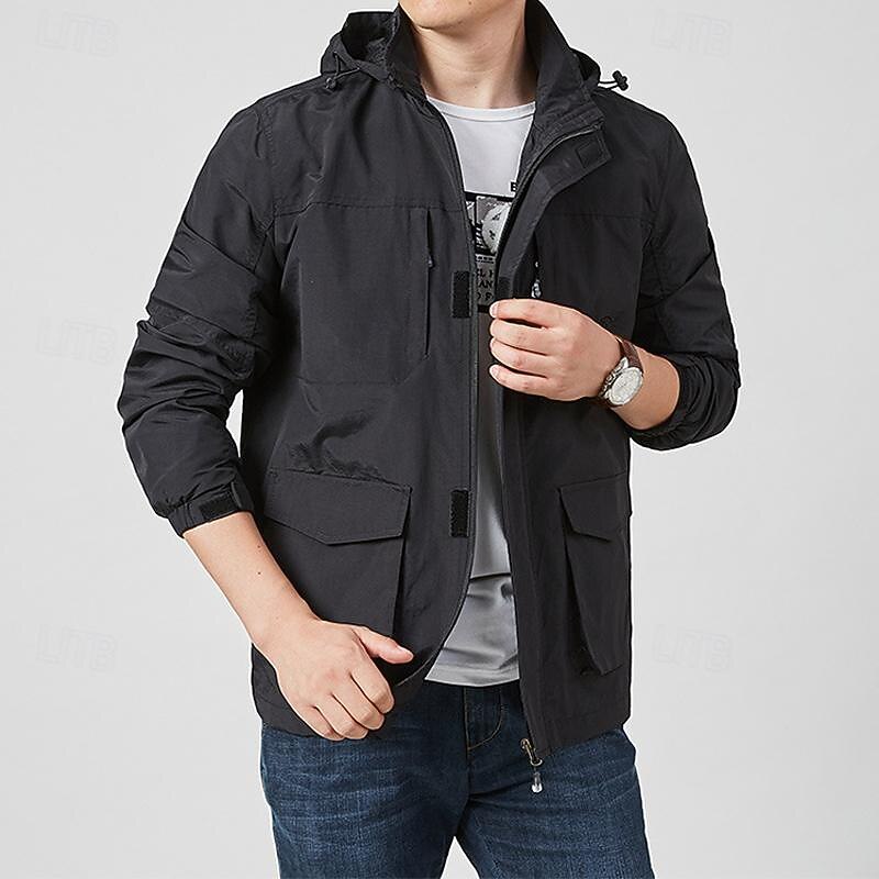 Men's Outdoor Jacket Transition Jacket Hiking Removable Multiple Pockets All Seasons Plain Casual Hooded Regular Black Khaki Dark Blue Gray Jacket 12