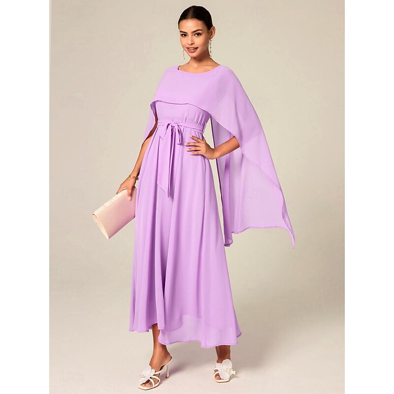 Women's Wedding Guest Cocktail Dress A Line Maxi  Chiffon Belted Elegant Formal Crew Neck Dress Light Purple Color
