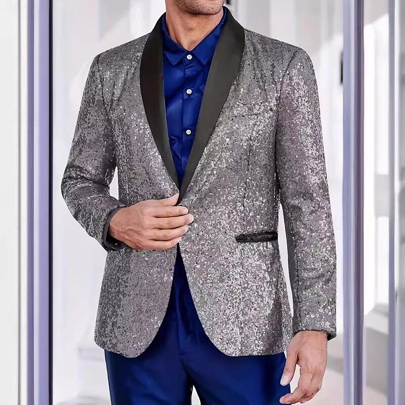 Male Blazer Birthday Party Party & Evening Sweet Fall & Winter Sequined Sequin Shimmery Wedding Single Breasted Blazer Silver Purple Gold4