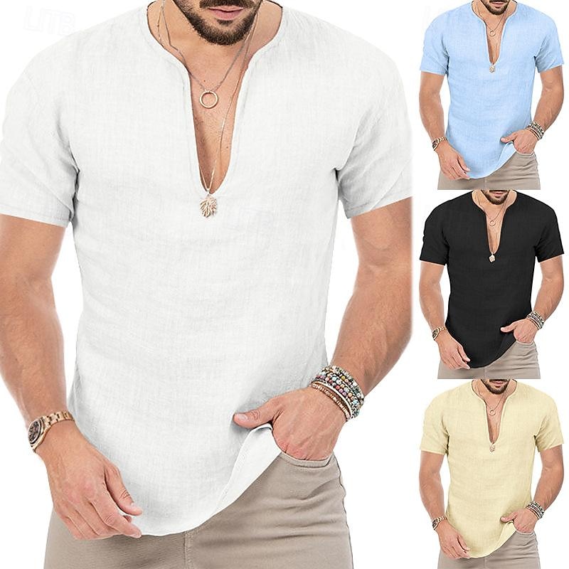 Men's Summer Shirt Casual Shirt Beach Shirt Plain Hawaiian Holiday Black White Blue Khaki Short Sleeve V Neck Spring & Summer Clothing Apparel Basic