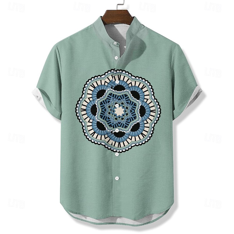 Men's Ethnic Shirt Button Up Shirt Short Sleeve Casual Tribal Holiday Summer Spring Stand Collar Buttons Print White Green Gray