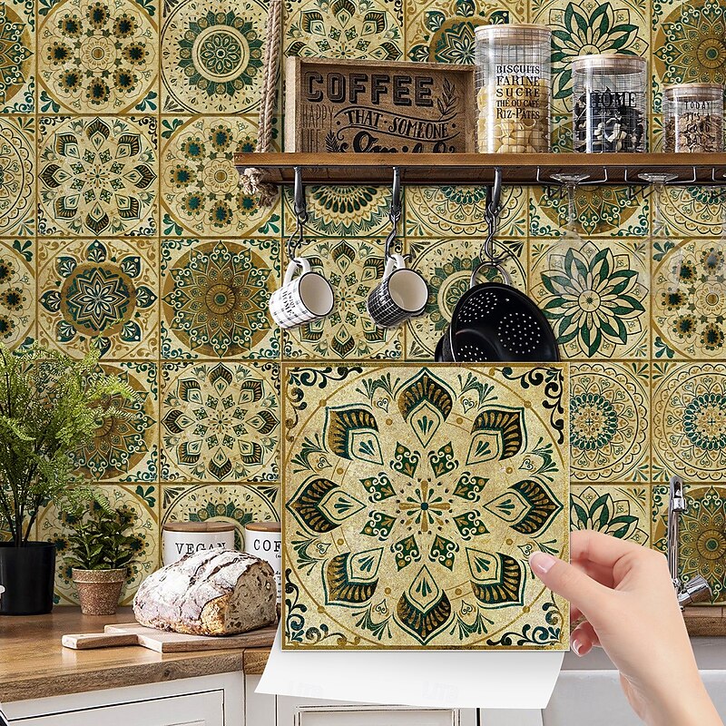24pcs Moroccan Style Tile Stickers, Thickened Crystal Film PVC Wall Decals, Waterproof & Oil-proof, Removable Retro Tile Wall Decor for Bathroom Kitchen Vintage Home