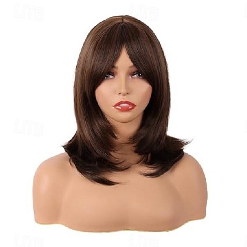 18 Inch/45 cm Layered Bangs Straight Synthetic Fiber Shoulder Length Hair Daily Use Wig Halloween Wigs2
