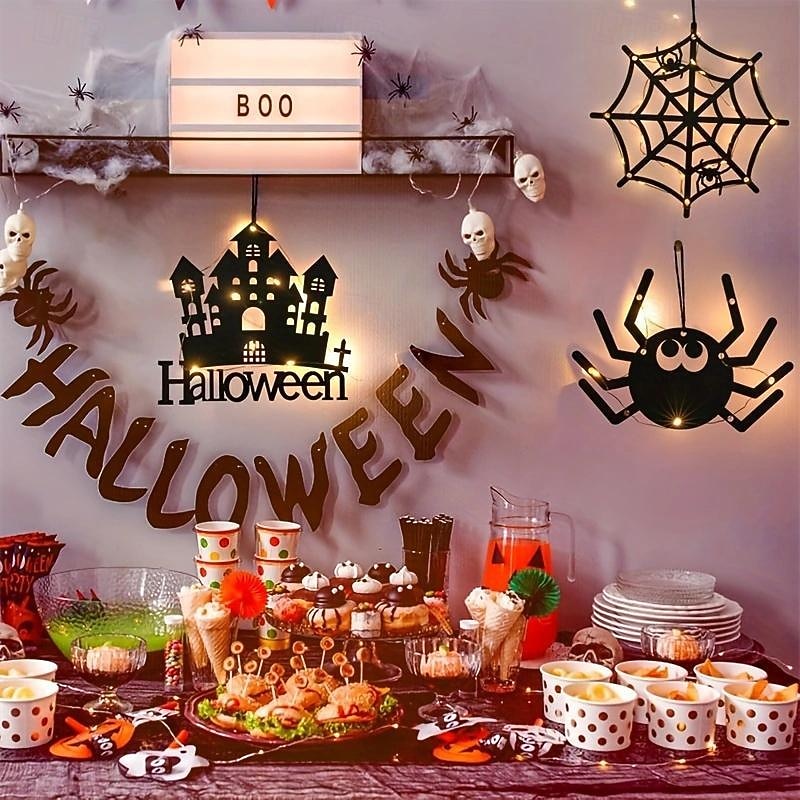 Halloween Window Lights Halloween Decorations LED Spider Ghost Web Battery Operated Indoor Window Hanging Lights Party Home Decoration2