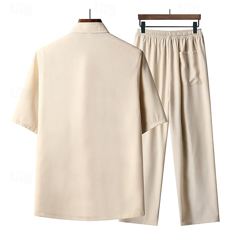 Men's T-shirt Suits Shirt and Pant Sets 2 Pieces Outfits Short Sleeve Standing Collar Summer Dragon Fashion Chinese Style Casual Embroidered 2 Piece Vacation Daily Wear Going out Yellow Red Navy Blue2