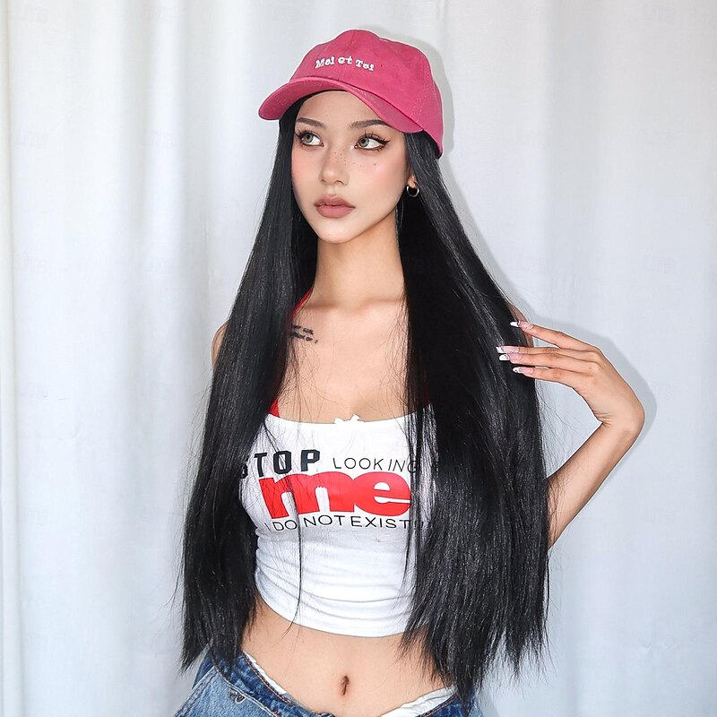 Synthetic Wig Uniforms Career Costumes Princess Straight kinky Straight Middle Part Layered Haircut Machine Made Wig 28 inch Black Synthetic Hair Women's Cosplay Party Fashion Natural Black2