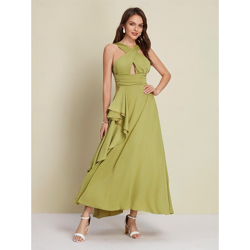 Women's Army Green Maxi Party/Wedding Guest /Cocktail Dress Satin Green Halter Neck Front Slit Cut-out Asymmetrical Ruffle dress to impress 20244