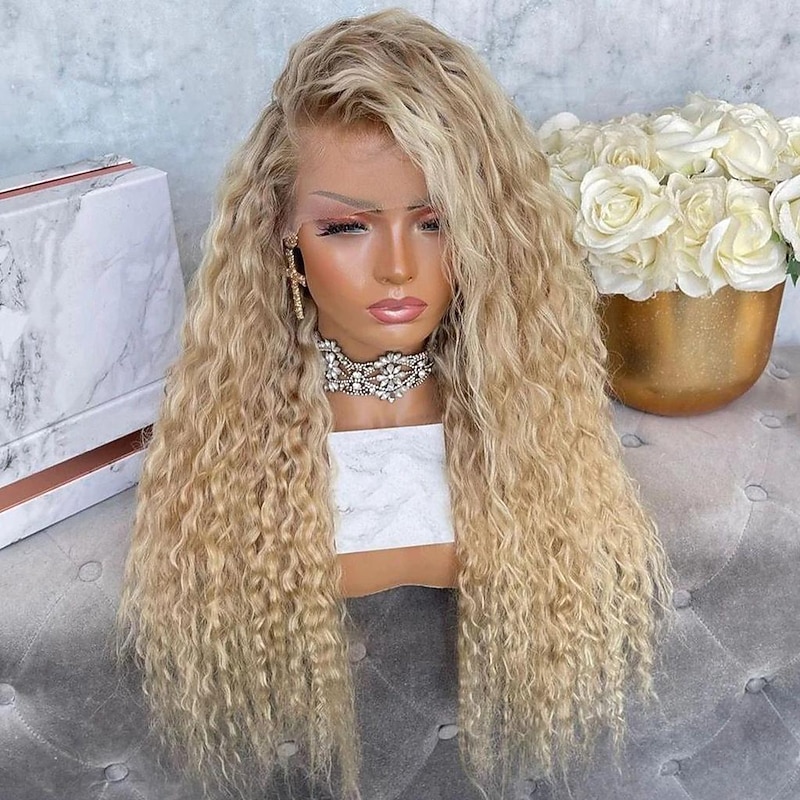 Remy Human Hair 13x4 Lace Front Wig Free Part Brazilian Hair Curly Water Wave Blonde Multi-color Wig 130% 150% Density with Baby Hair Ombre Hair 100% Virgin For Women Long Human Hair Lace Wig4