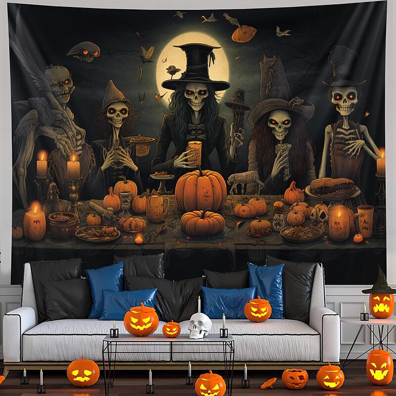 Halloween Decorations Skeletons Dinner Hanging Tapestry Wall Art Large Tapestry Mural Decor Photograph Backdrop Blanket Curtain Home Bedroom Living Room Decoration Pumpkins Bats2