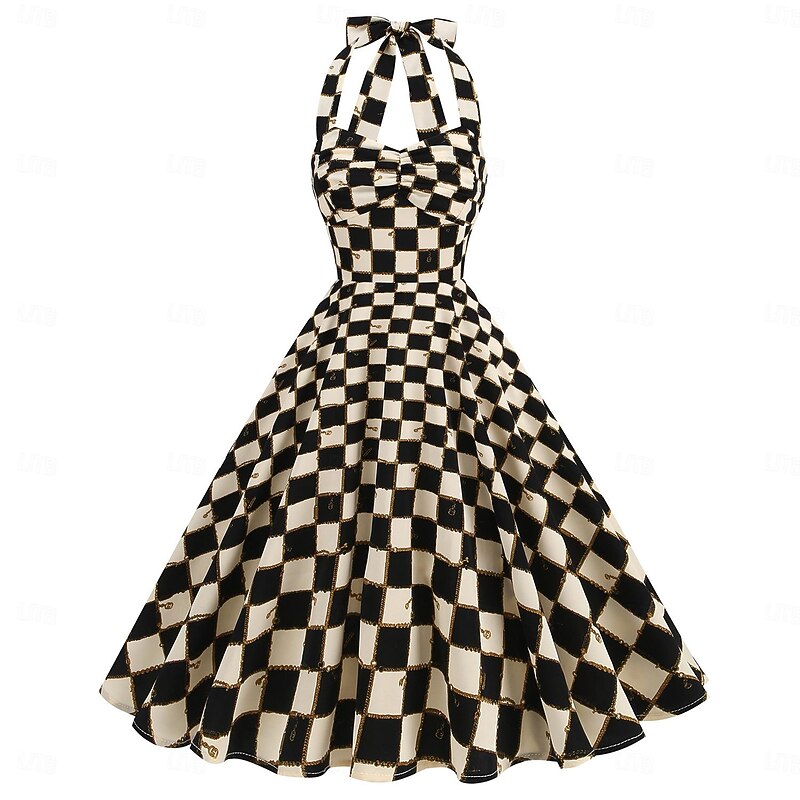Retro Vintage 1950s Rockabilly Knee Length Swing Dress Flare Dress Halter Floral Plaid A-Line Fancy Dress Women's Carnival Vacation Casual Daily Retro Theme Party Adults' Dress Spring & Summer2