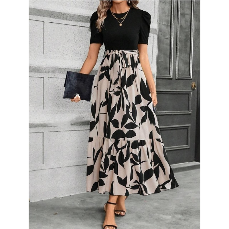 Women's Maxi Dress A Line Dress Elegant Stylish Work Daily Regular Fit Color Block Short Sleeve Crew Neck Black Summer