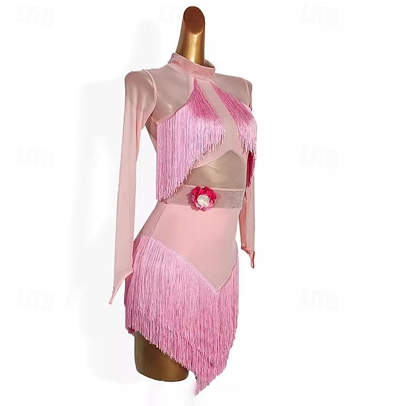 Latin Dance Dress Tassel Pure Color Splicing Women's Performance Training Long Sleeve Mesh Velvet Milk Fiber4
