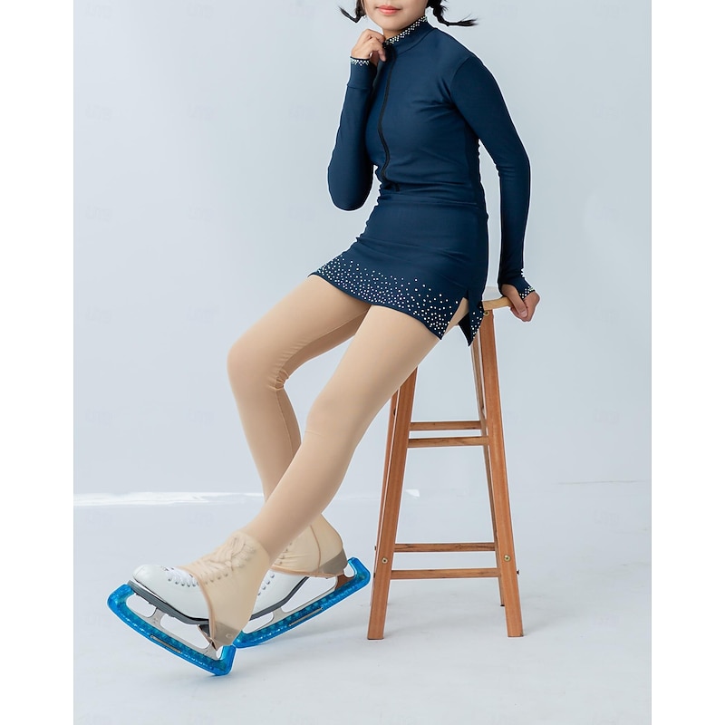 Figure Skating Jacket with Pants Women's Girls' Ice Skating Dress Outfits Black Dark Navy Sky Blue Patchwork Thumbhole Spandex Stretchy Training Practice Professional Skating Wear Thermal Warm2