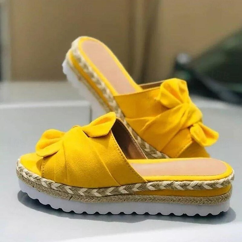 Yellow Women's Platform Sandals with Bow Detail and Woven Espadrille Sole for Stylish Summer Wear2