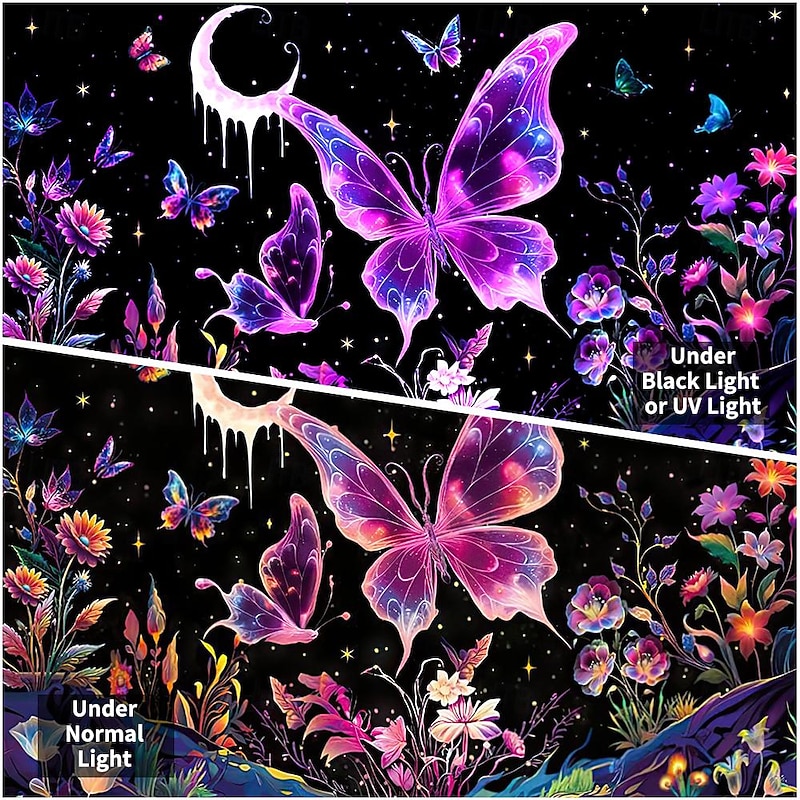 Blacklight Tapestry UV Reactive Glow in the Dark Glow Party Neon Animal Butterflies Psychedelic Trippy Misty Hanging Tapestry Wall Art Mural for Living Room Bedroom3