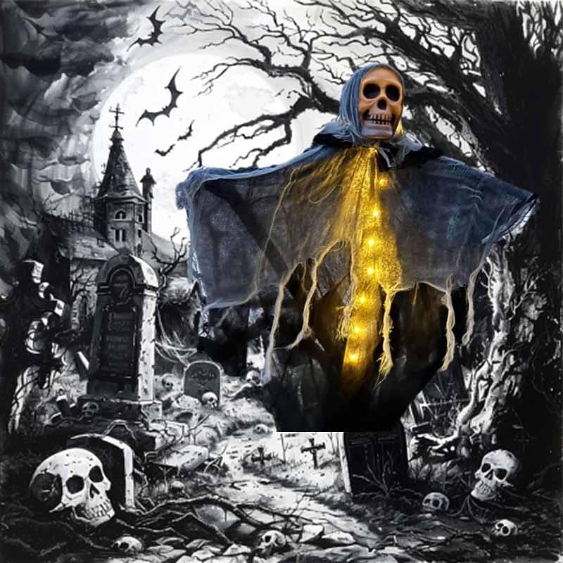 Halloween Lighted Ghost Skulls Funny Garden Decor Lights Party Decorations Cloth Battery Powered Halloween Outdoor Forest Park Haunted House Horror Scene Layout