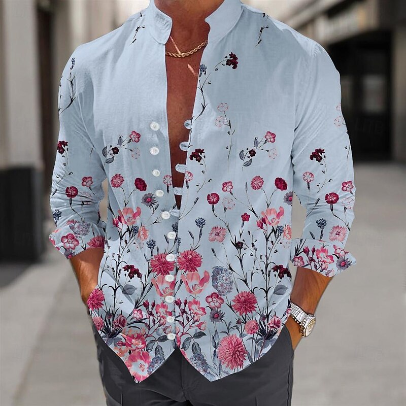Men's Floral Shirt Button Up Shirt Long Sleeve Casual Beach Daily Beach Wear Summer Spring Fall Mandarin Collar Band Collar Button Up 3D Print Pink Blue Beige4