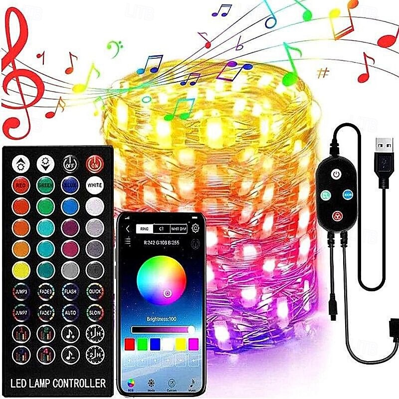 Smart USB Fairy String Lights Waterproof Multicolor Changing Lights for Christmas, Birthday, Party Indoor Outdoor Decorate, APP Remote Control