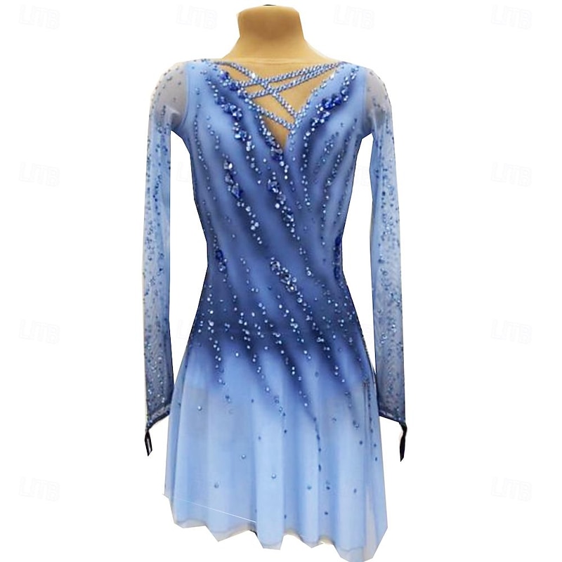 Figure Skating Dress Women's Ice Skating Skirt Dress Blue Thumbhole Open Back Spandex High Elasticity Professional Competition Skating Wear Thermal Warm Classic Crystal / Rhinestone Long Sleeve Ice