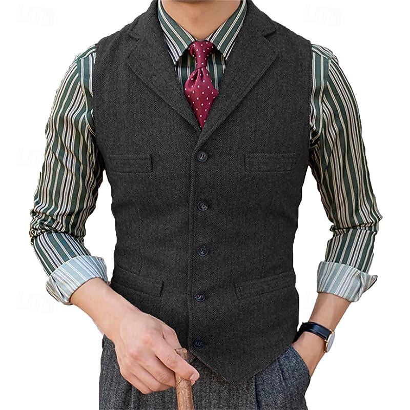 Men's Vest Gilet Wedding Event / Party Daily Fashion Business Spring &  Fall Button Pocket Polyester Comfortable Plain Single Breasted One-button Lapel Regular Fit Black Dark Gray Vest