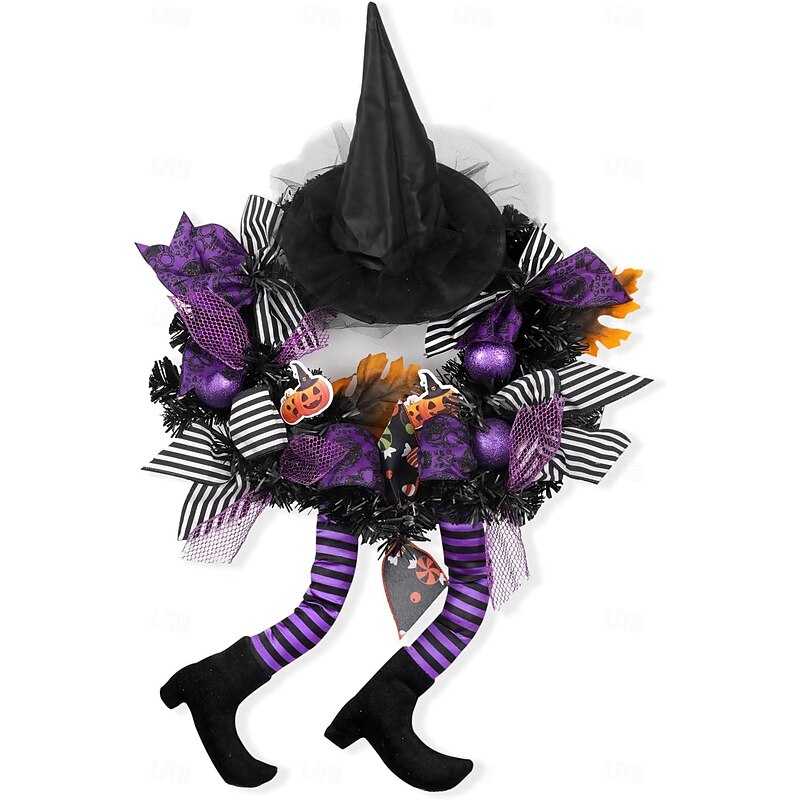 Halloween Wreaths for Front Door, Halloween Witch Wreath Black Wreath with Hat Witches Legs Pumpkin, Halloween Door Wreath Black Witch Wreath for Door,Porch,Window,Indoor and Outdoor Decor3