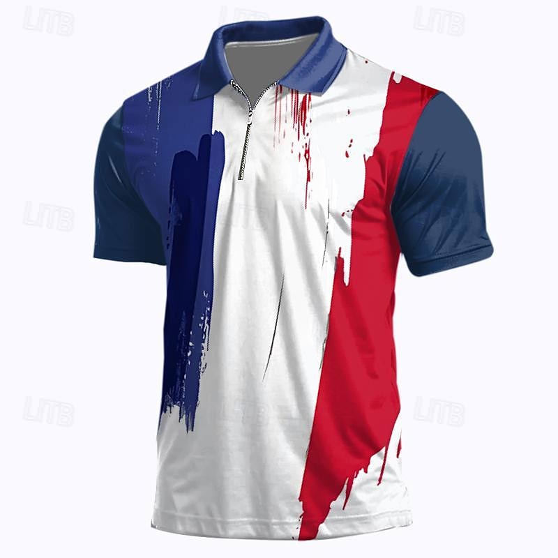 Men's Veterans Patriotic Zip Polo Shirts Golf Shirt Short Sleeve Polo Shirts Collared Shirts Casual Streetwear Vacation Wear Party Outfits 3D Print Quarter Zip Polo Spring & Summer Lake blue Navy2