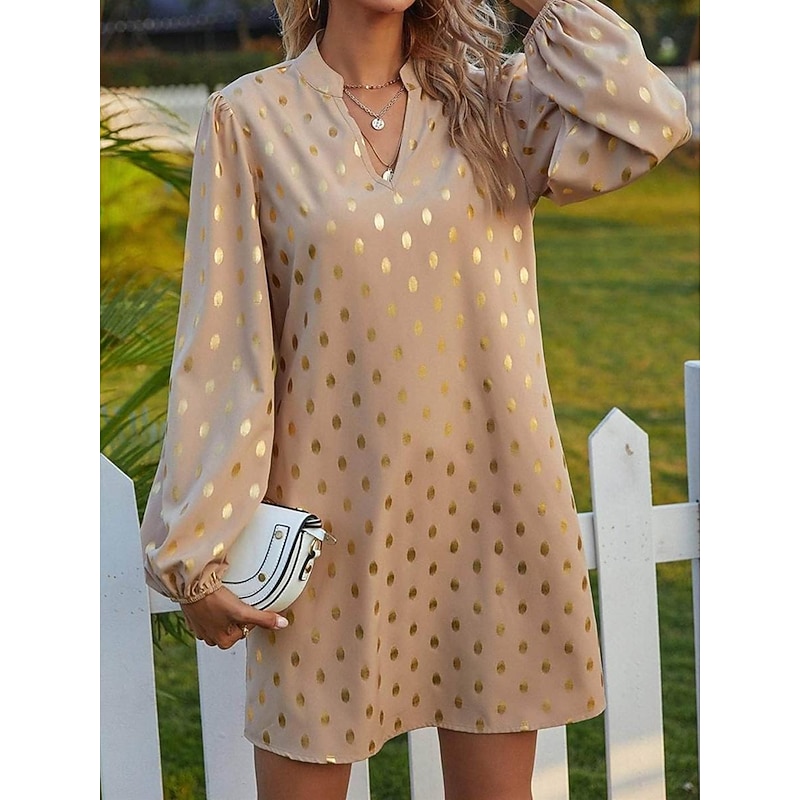 Women's Polka Dot Print Notched Neck Mini Dress Stylish Party Daily Long Sleeve Fall4