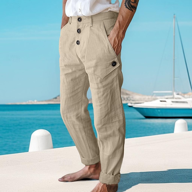 Men's Linen Pants Trousers Summer Pants Front Pocket Straight Leg Plain Comfort Breathable Full Length Casual Daily Holiday Fashion Basic White Blue Micro-elastic