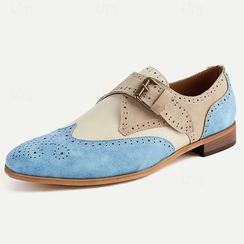 Men's Vintage-Style Two-Tone Suede and Leather Oxford Shoes with Brogue Detailing and Buckle Strap - Perfect for Formal and Semi-Formal Occasions2
