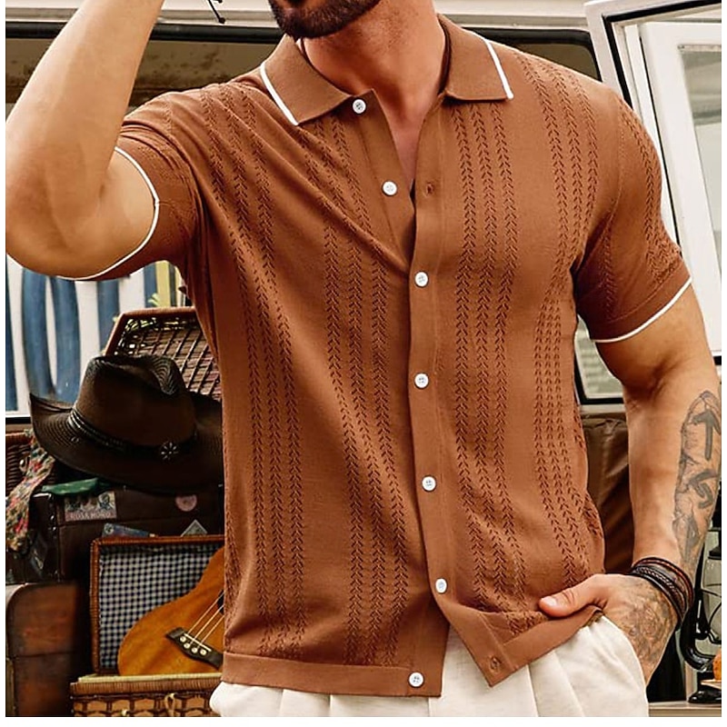 Men's Knit Polo Sweater Golf Shirt Casual Holiday Button Classic Short Sleeve Fashion Old Money Style Striped Button Front Summer Spring Fall Black Champagne Brown Knit Polo Sweater3