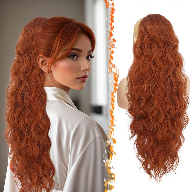 Red Ponytail Extension - 26 Inch Drawstring Ponytail Hair Extensions for Women - Long Curly Wavy Synthetic Clip in Fake Pony Tails Hairpieces Girls Daily Party - Copper Red