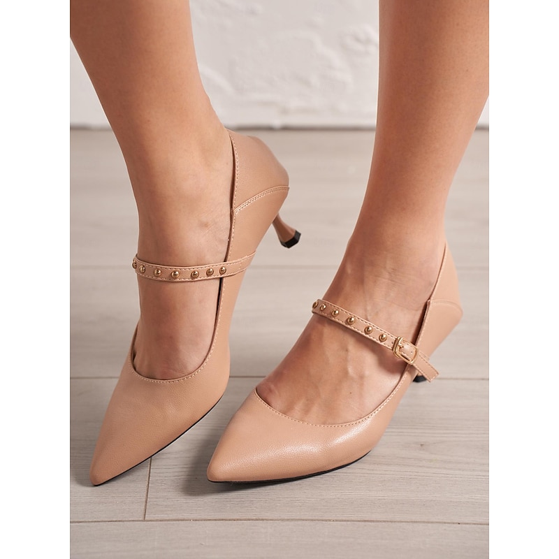Women's Nude Kitten Heel Pumps with Ankle Strap and Studs – Elegant Pointed Toe Dress Shoes for Office and Formal Occasions