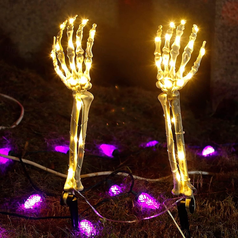 2pcs Halloween Skeleton Hand Garden Lamp Arms Hand Stakes Realistic Looking Halloween Lawn Garden Decor Light Props LED Luminous Ghost Hand Skull Shape Plug in Lamp4