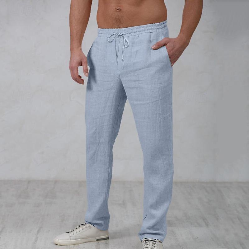 Men's Linen Pants Trousers Summer Pants Beach Pants Drawstring Elastic Waist Straight Leg Plain Comfort Outdoor Casual Daily Streetwear Stylish White Navy Blue3