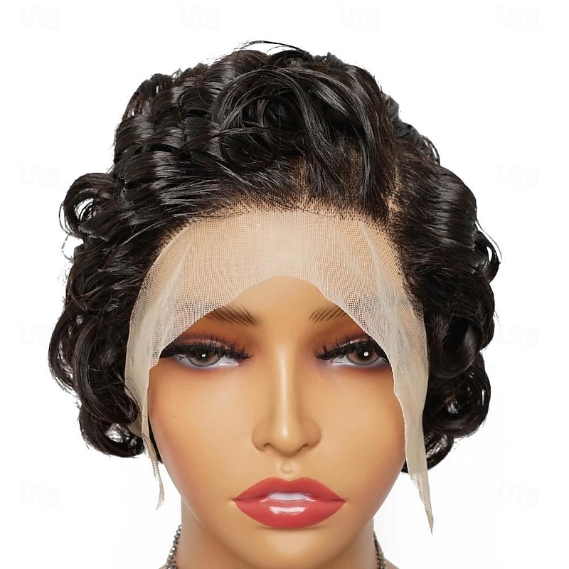 Pixie Curly Wigs 13*4 Lace Frontal Human Hair Wig Black Color Indian Hair Short Bouncy Curly Side Part Front Lace