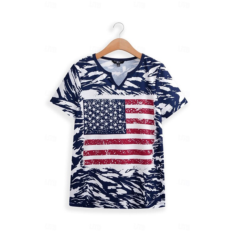 Women's Patriotic  T Shirt American Flag Camo Print Red White And Blue Short Sleeve V Neck Button Detail Casual Summer Top Regular Plus Size Clothing Apparel4