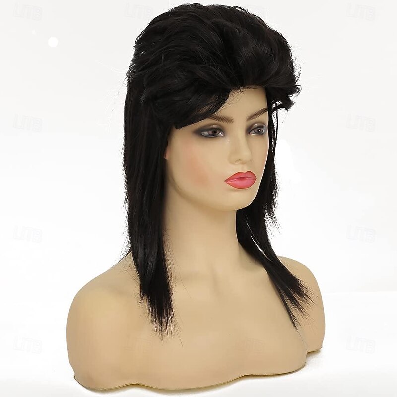 Black Mullet Wigs for Women Curly Shoulder Length Fluffy Hair 70s 80s Rocker Party Cosplay Synthetic Wigs (Black) Halloween Wigs3