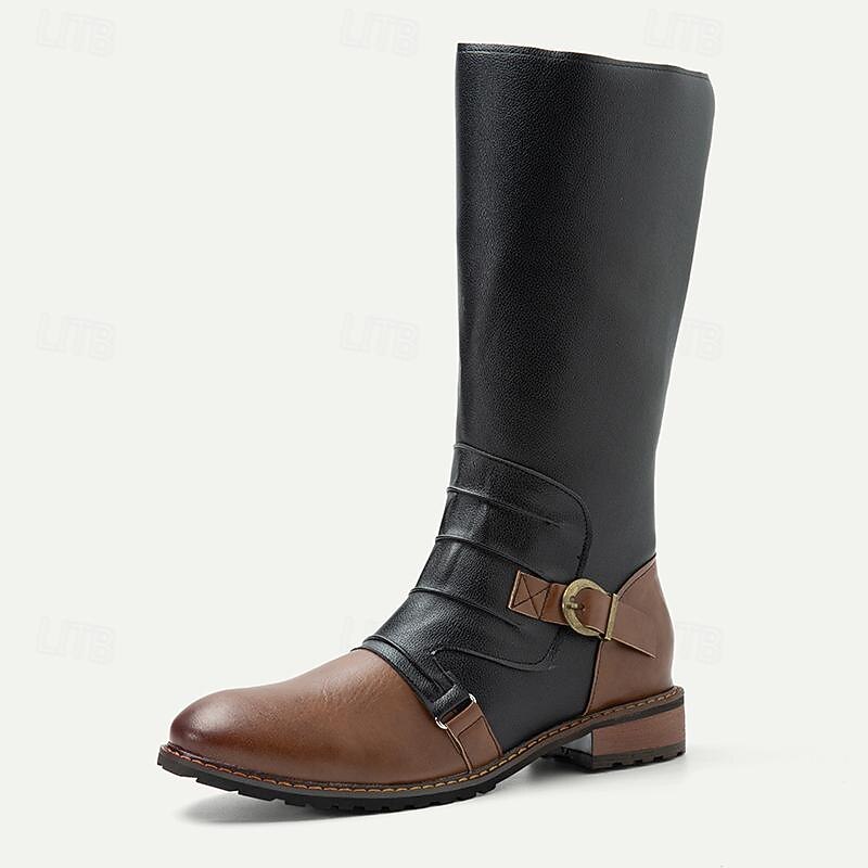 Men's Vintage Black and Brown Leather Riding Boots - Retro Knee-High Boots with Buckle Detail for Casual and Outdoor Wear2