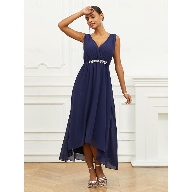 Women's Wedding Guest Cocktail Dress A Line Maxi  Chiffon Ruched Tiered Elegant V Neck Sleeveless dress Navy Blue Color4