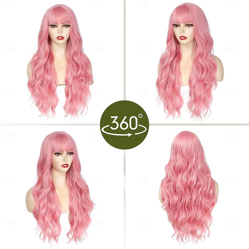 Wig With Bangs Long Wavy Wigs for Women Curly Wavy Wig With Bangs Natural Looking Synthetic Heat Resistant Fiber Wig Halloween Cosplay Party Wigs4