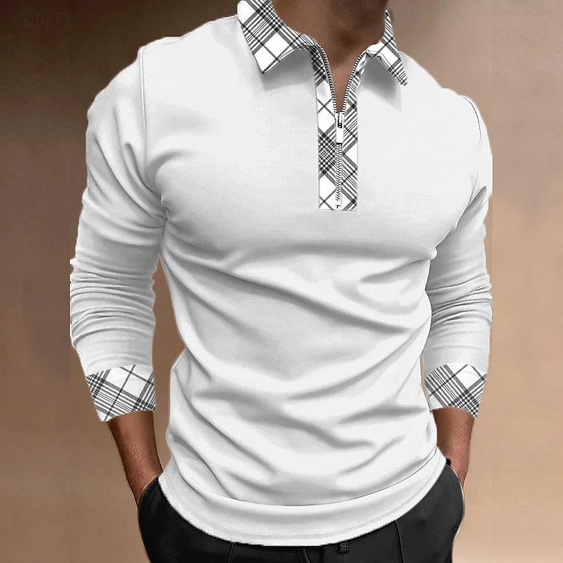 Men's Plaid Zip Polo Shirts Golf Shirt Long Sleeve Polo Shirts Collared Shirts WorkWear Formal Wear Festival Wear 3D Print Quarter Zip Polo Fall & Winter Black White Blue4