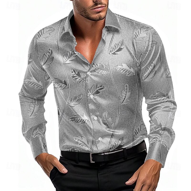 Men's Shirt Satin Shirt Dress Shirt Button Up Shirt Floral Party Evening Wear Light Blue Yellow Gray Long Sleeve Turndown Summer Spring Clothing Apparel Button Up3