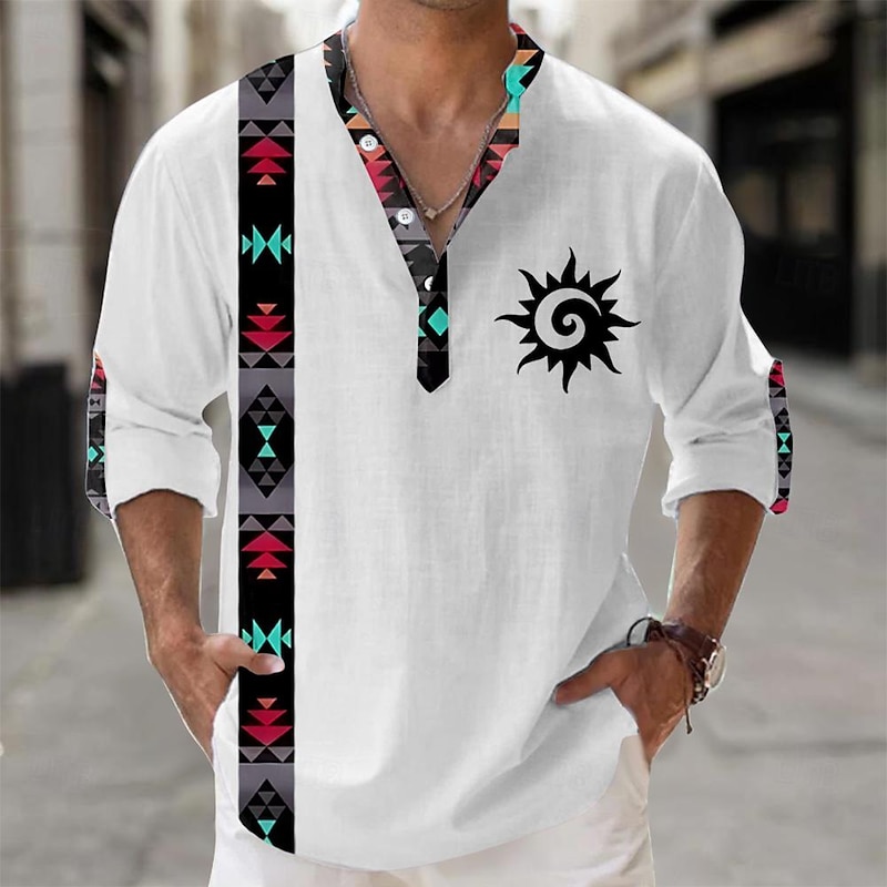 Men's Shirt Button Up Shirt Long Sleeve Tribal Fashion Casual Vacation Causal Casual Summer Spring &  Fall Stand Collar Buttons Print White Yellow Blue Gray