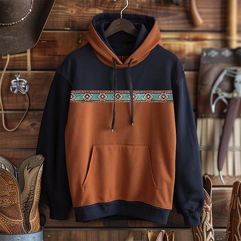 Men's Tribal Hoodie Hoodies Sweatshirt Fashion Cowboy Long Sleeve Crew Neck Brown Green Fall Winter Designer
