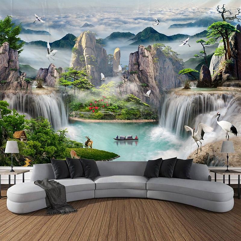 Chinese Landscape Painting Hanging Tapestry Wall Art Large Tapestry Mural Decor Photograph Backdrop Blanket Curtain Home Bedroom Living Room Decoration 5