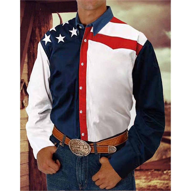 Men's American Flag Western Shirt Button Up Shirt Cowboy Shirt Long Sleeve Western Style Daily Turndown Collared Shirts 3D Print Front Pocket Black White Red Blue2