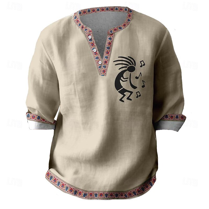Men's Kokopelli Shirt Button Up Shirt Henley Shirt Long Sleeve Vintage Casual Tribal Vacation Daily Beach Summer Spring Fall V Neck 3D Print Black Blue Khaki2