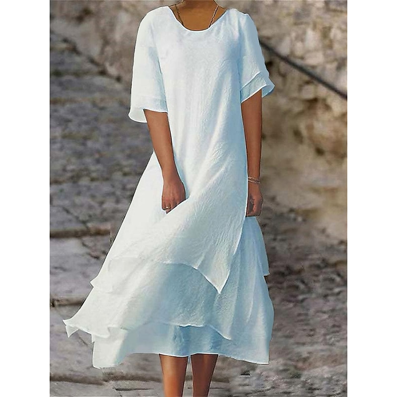 Women's White Blue Summer Spring Midi Dress Casual Dress Shift Dress Vacation Basic Modern Outdoor Work Daily Loose Fit Plain Crew Neck2